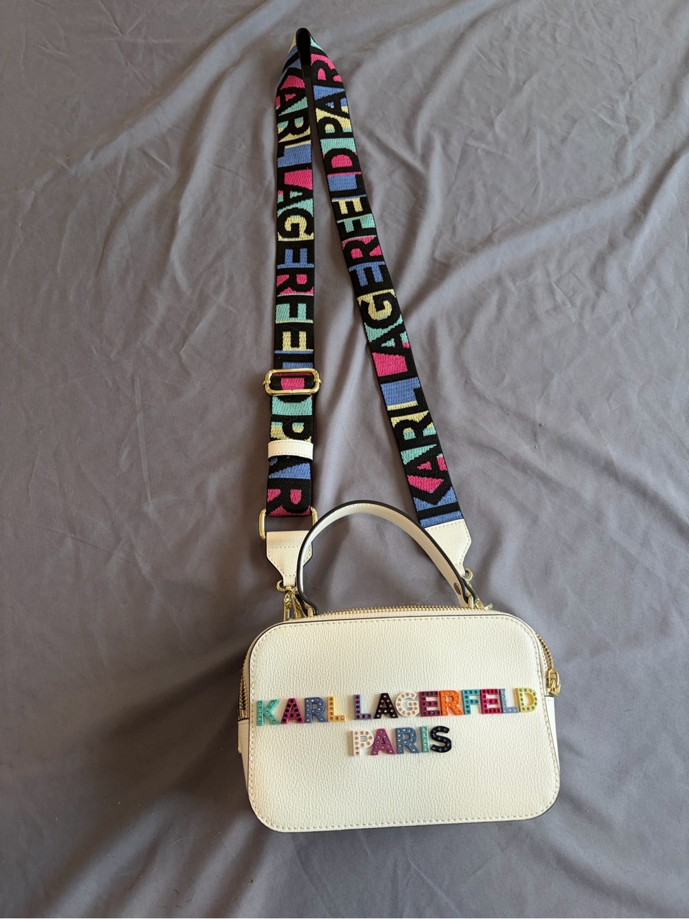 Karl Lagerfeld White Convertible Camera Bag with Multicolor Logo Strap